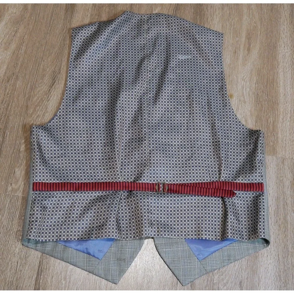 Cremieux Collection Mens XL Plaid‎ Suit Vest Tan Blue Waistcoat Adjustable Back